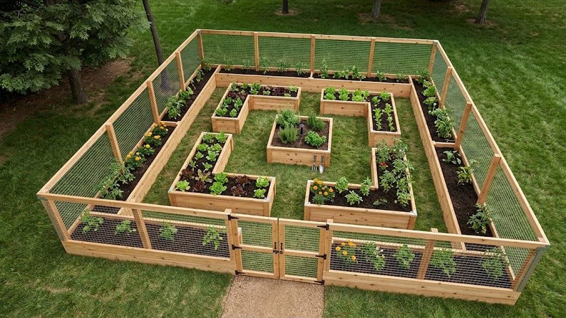 May include: A large square wooden garden bed system featuring multiple L-shaped and central square raised planters. The entire structure is enclosed by a tall wooden fence with wire mesh panels and includes a double gate entrance for access.
