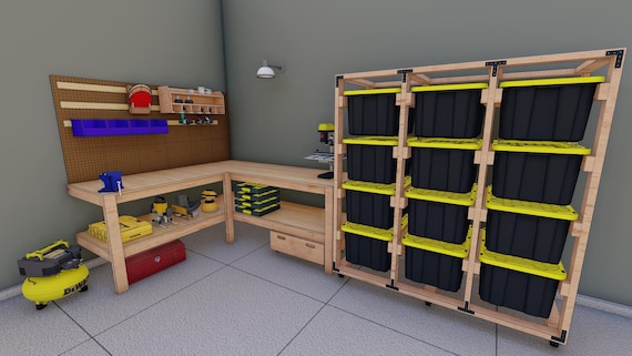 Garage Workbench Plans DIY: Corner Tote Storage Rack (PDF Download