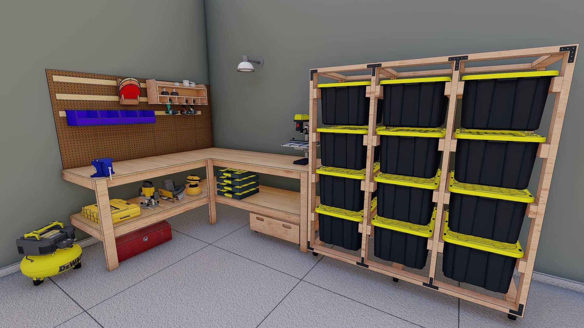Garage Workbench Plans DIY: Corner Tote Storage Rack (PDF Download) - Etsy, image size:1920x1080