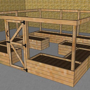 May include: A wooden raised garden bed with a wire mesh enclosure and a door. The garden bed is divided into multiple sections for planting.
