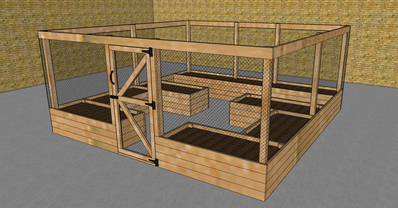 May include: A wooden raised garden bed with a wire mesh enclosure and a door. The garden bed is divided into multiple sections for planting.