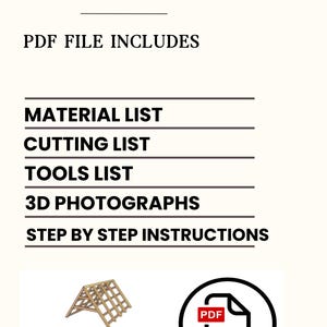 May include: Image of a PDF file with a list of included items. The text reads "WHAT'S INCLUDED" and "PDF FILE INCLUDES". The list includes material, cutting, and tools lists, 3D photographs, and step-by-step instructions. A logo for GardenElkun DIY Plans is also present.