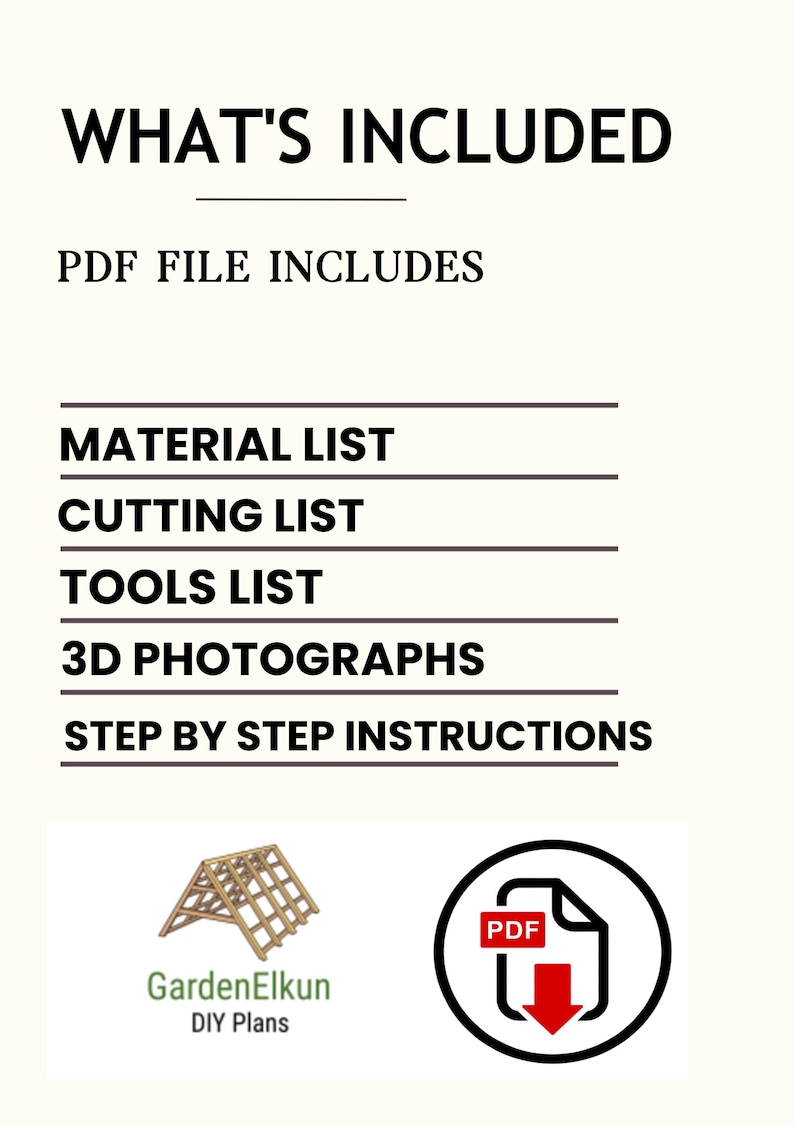 May include: Image of a PDF file with a list of included items. The text reads "WHAT'S INCLUDED" and "PDF FILE INCLUDES". The list includes material, cutting, and tools lists, 3D photographs, and step-by-step instructions. A logo for GardenElkun DIY Plans is also present.