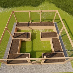 May include: A raised garden bed with a wire mesh enclosure. The bed is divided into eight sections, each with a different type of plant growing in it.