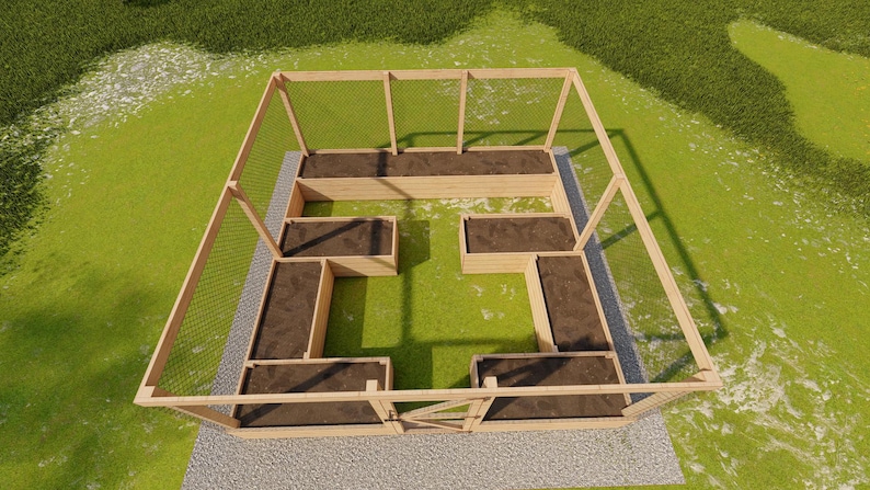 May include: A raised garden bed with a wire mesh enclosure. The bed is divided into eight sections, each with a different type of plant growing in it.