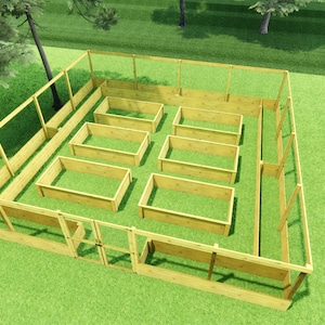 May include: A rectangular wooden garden enclosure featuring a perimeter fence with a gate and six individual raised garden beds arranged in two rows inside the fenced area. The structure is made of light-colored wood planks and wire mesh.