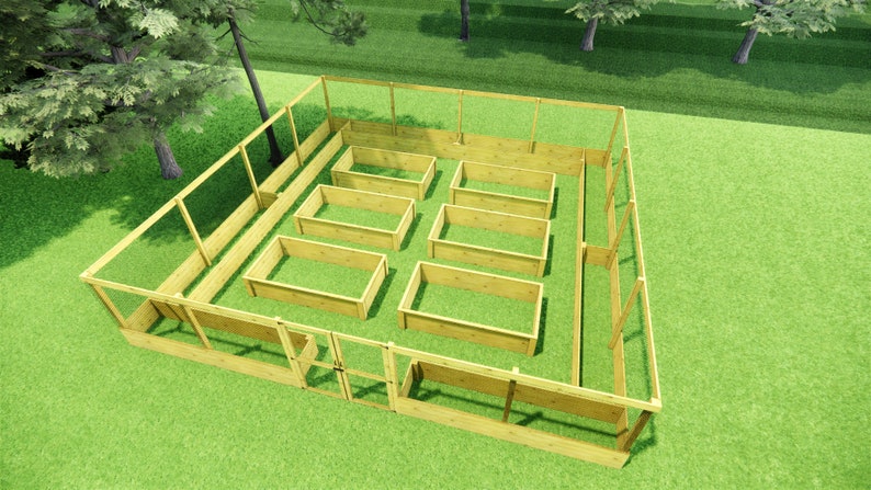 May include: A rectangular wooden garden enclosure featuring a perimeter fence with a gate and six individual raised garden beds arranged in two rows inside the fenced area. The structure is made of light-colored wood planks and wire mesh.