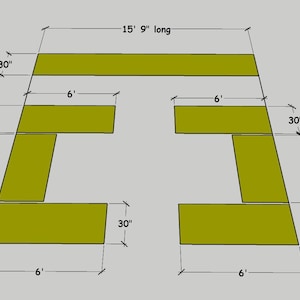 May include: Diagram of a woodworking project with measurements in feet and inches. The project is a symmetrical design with two identical sections. Each section is made up of four pieces of wood, with the dimensions of each piece labeled.