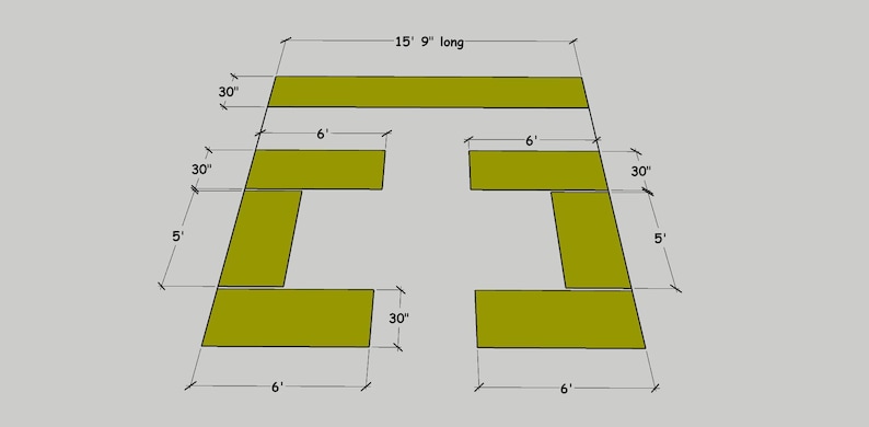 May include: Diagram of a woodworking project with measurements in feet and inches. The project is a symmetrical design with two identical sections. Each section is made up of four pieces of wood, with the dimensions of each piece labeled.