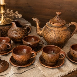 Vintage Indian Terracotta Tea Set | Hand-Carved Clay Pottery, Folk Art Chai Cups