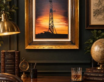 Puede incluir: Un óleo enmarcado que representa la silueta de una torre de perforación petrolífera contra un cielo al atardecer de tonos naranja y amarillo. La obra está montada en un marco dorado grueso y ornamentado con un borde interior blanco.