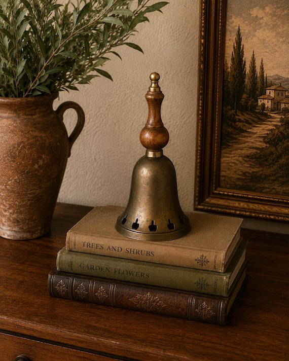 Vintage Brass Hand Bell, Turned Hardwood Handle, Rustic Farmhouse Decor
