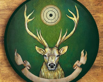 El ciervo sagrado, pintado a mano - blanco y miniatura sobre madera y lámina de acuarela - San Huberto - regalo para cazadores