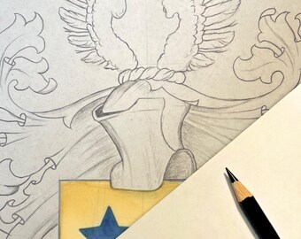 Escudo de armas familiar personalizado: boceto original a lápiz (A4) y coloreado - Arte heráldico hecho a mano - Regalo personalizado de boda y aniversario