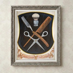 Hand-painted barbershop print of the original painting | Vintage Barber Emblem – Gift for Gentlemen, Beard Wearers & Barbers