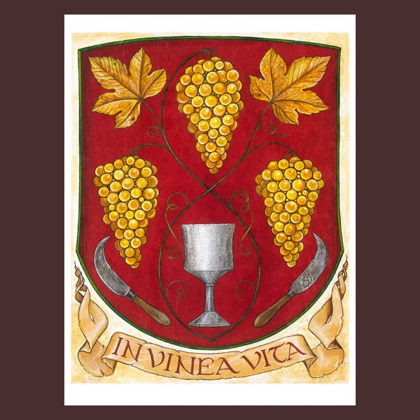 WINZER WEINBAUER WINE CONNOISSEUR "In Vinea Vita" - Art Print - Grapes, Vine, Knife, Wine Knife, Chalice, Wine, Wine Glass, Grapes, Pressing