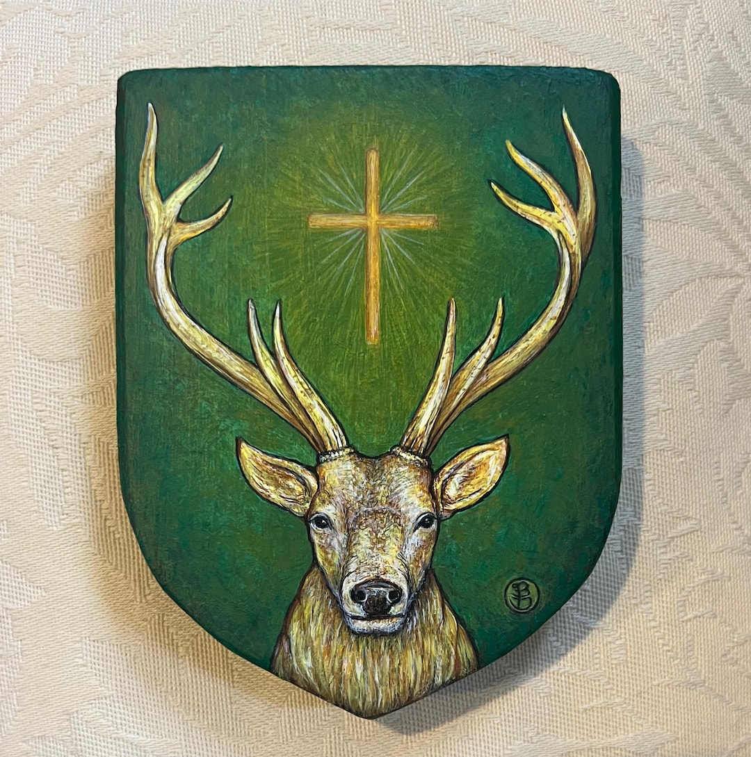 St Teilo Riding Stag Hand-painted Stag - Original Miniature Wood & Art Print From Watercolor ...