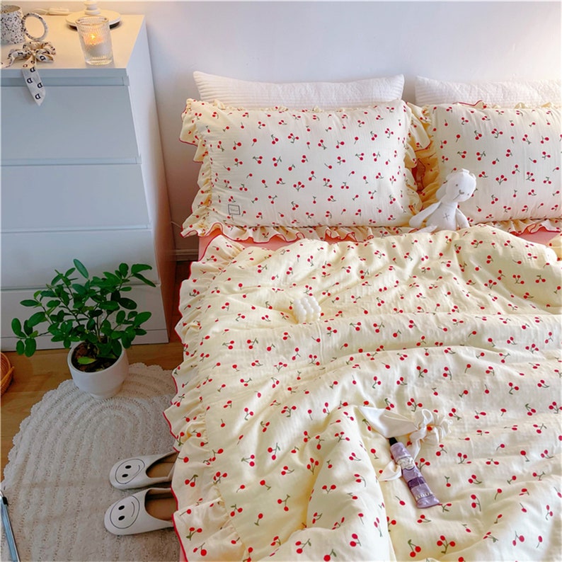 Cute Cherry 100 Cotton Duvet Cover Set Pink Cherry Ruffles Etsy