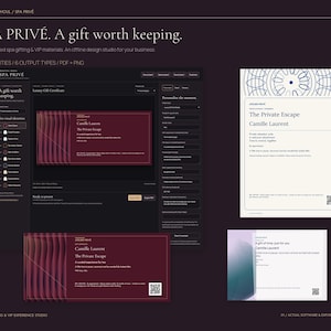 May include: A digital interface for SPA PRIVÉ showing luxury gift certificate templates in dark red and white. The screen displays customization options, while separate printed examples show text for The Private Escape for Camille Laurent.