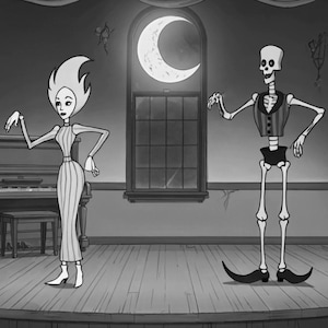 May include: A black and white cartoon illustration featuring a slender figure with flame-like hair in a striped dress and a skeleton wearing a striped vest and pointed shoes. They stand on a stage with a piano and a large crescent moon window.