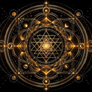 May include: A glowing gold Sri Yantra geometric design centered on a black background. The intricate pattern features interlocking triangles, concentric circles, and lotus petal motifs, all illuminated with a radiant light effect and small sparkles.