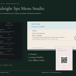Könnte beinhalten: Eine digitale Spa-Menü-Studio-Vorlage mit dunklem Hintergrund und weißem Text. Sie zeigt ein Behandlungsmenü, eine horizontale Servicekarte für Maison Lune Spa und eine kleine Karte mit einem QR-Code. Der Text umfasst Midnight Spa Menu Studio, 10 themes, 6 output families, One offline studio.