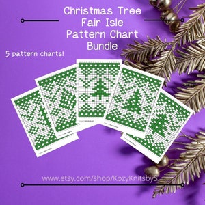 Kerstboom Fair Isle-patroonkaarten voor breien, haken, 5 patronenbundel, afdrukbare patronen, cadeau, handgemaakt, vakantie, evergreens