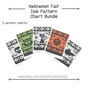 Könnte beinhalten: Fünf schwarz-weiße Strickdiagramme mit verschiedenen Halloween-Motiven. Die Diagramme befinden sich auf einem weißen Hintergrund. Der Text "Halloween Fair Isle Pattern Chart Bundle" befindet sich oben im Bild. Der Text "5 pattern charts!" befindet sich unter dem Titel. Der Text "www.etsy.com/shop/KozyKnitsbyS" befindet sich unten im Bild.
