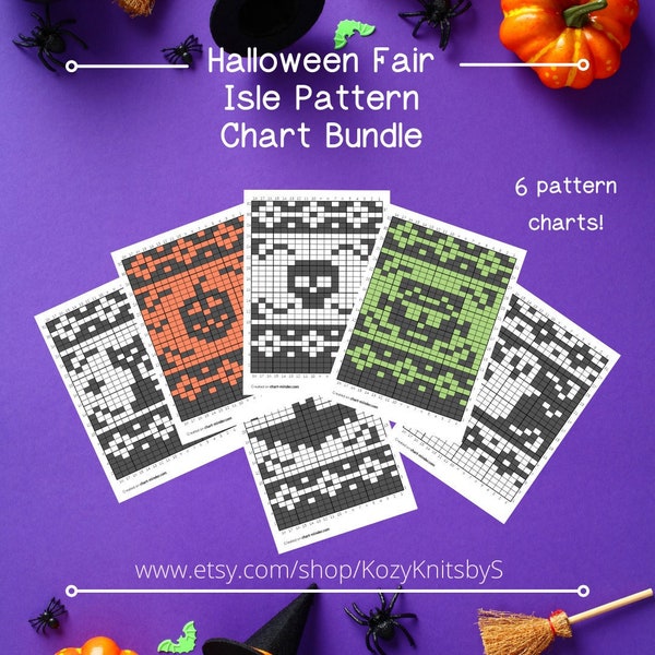 Halloween Fair Isle Pattern Charts for Knitting, Crochet, 6 Pattern Bundle, Printable Patterns, Frankenstein, Black Cat, Ghost, Pumpkin