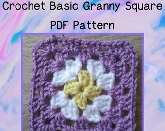 May include: A close-up of a purple crochet granny square with a white and yellow flower in the center. The square is made with a single crochet stitch and has a border of double crochet stitches. The image includes the text "Crochet Basic Granny Square PDF Pattern" and "www.etsy.com/KozyKnitsbyS".