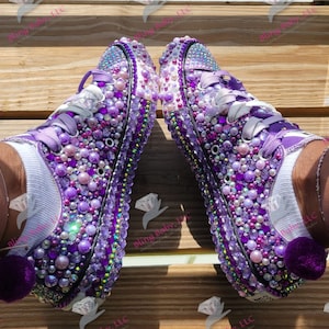 Women Custom Design Bling Converse - Rhinestones and Beads Chuck Taylor All Star Classic Canvas Low Top Sneakers Gym Shoes | Sizes 5-10
