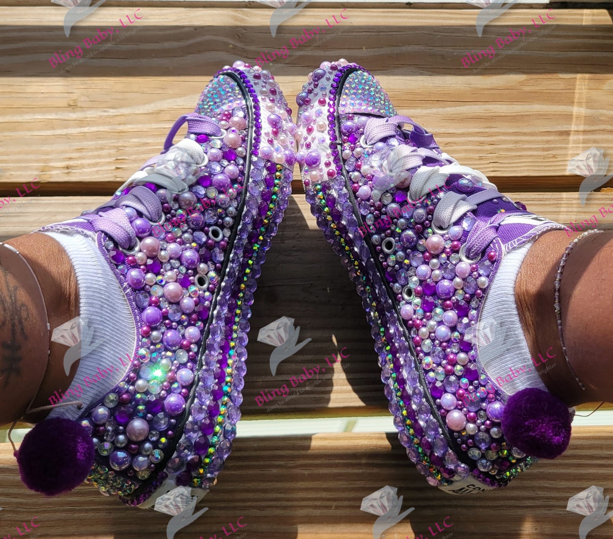 Purple and White Adult Tennis Shoes With Pearl's and Rhinestones