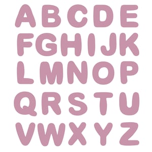 May include: A complete set of the English alphabet from A to Z, presented in uppercase letters. Each letter features a rounded, bubble-style font in a solid dusty rose pink colour, arranged in five neat rows against a plain white background.