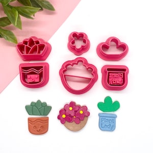 May include: Set of pink plastic cookie cutters in the shape of a flower, cloud, pot, succulent, and a flower pot with flowers. There are also three decorated cookies in the shape of a succulent, a flower pot with flowers, and a cactus.
