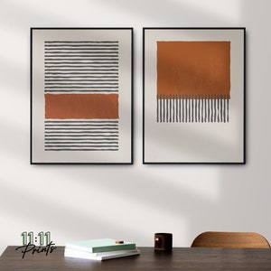 Minimalist Modern Wall Art Print Set of 2, Line Art, Black and Orange, Minimal Gallery Art Abstract Geometric Digital Download Prints