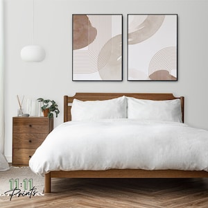 Neutral Mid Century Modern Wall Art Print Set of 2, Minimal Gallery Art Abstract Cream Taupe Brown Geometric Digital Download Prints