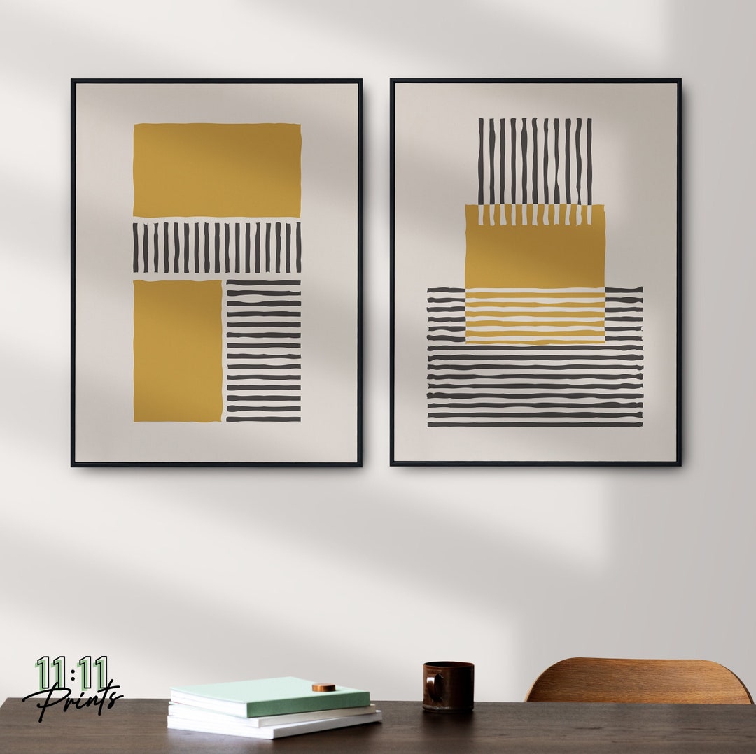 Minimalist Modern Wall Art Print Set of 2, Line Art, Black and Yellow ...
