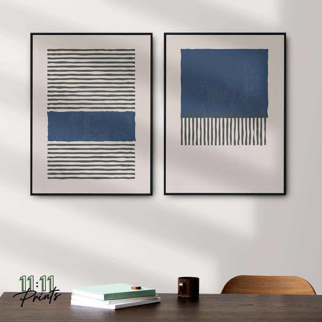 Minimalist Modern Wall Art Print Set of 2, Line Art, Black and Blue ...