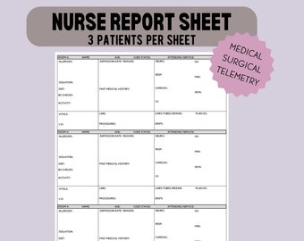 Nursing Report Sheet, Nurse Brain, Three 3 Patients, RN Handoff Tool, Med Surg, Registered Patient Report Sheet - Digital Download