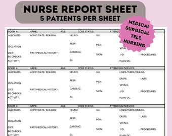 Nursing Report Sheet, Nurse Brain, Five 5 Patients, RN Handoff Tool, Med Surg, Registered Patient Report Sheet - Digital Download
