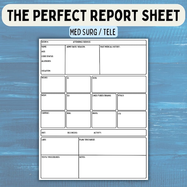 Nursing Report Sheet, Nurse Brain Sheet, RN Handoff Tool, Nurse Report Sheet Med Surg, Registered Patient Report Sheet - Digital Download