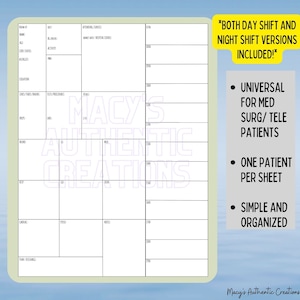 Pode incluir: Uma folha de cuidados para pacientes imprim&iacute;vel em preto e branco com um layout de grade. A folha &eacute; dividida em se&ccedil;&otilde;es para informa&ccedil;&otilde;es do paciente, sinais vitais, medicamentos e notas. O texto "Macy's Authentic Creations" &eacute; impresso no centro da folha.