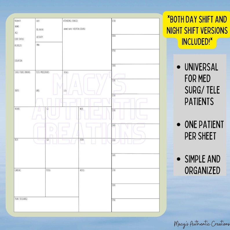 Pode incluir: Uma folha de cuidados para pacientes imprim&iacute;vel em preto e branco com um layout de grade. A folha &eacute; dividida em se&ccedil;&otilde;es para informa&ccedil;&otilde;es do paciente, sinais vitais, medicamentos e notas. O texto "Macy's Authentic Creations" &eacute; impresso no centro da folha.