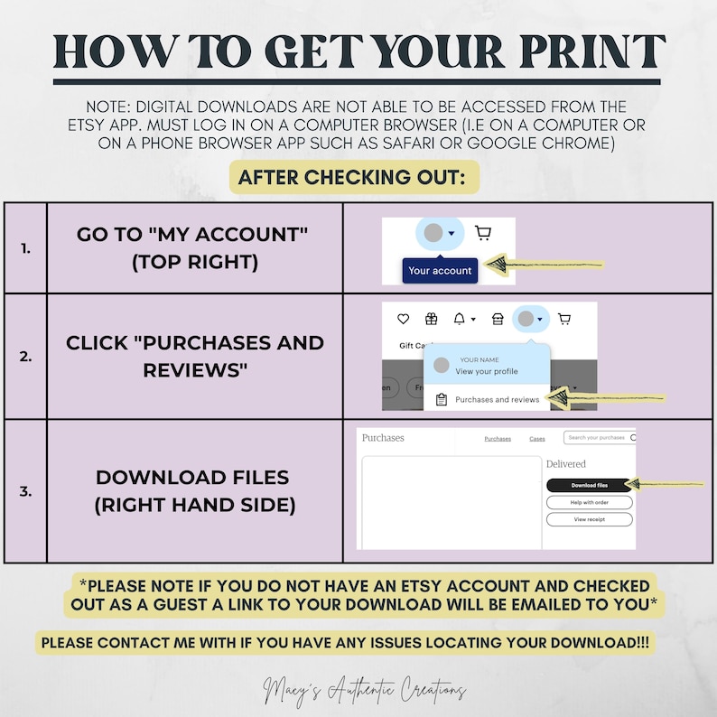 Puede incluir: Una gu&iacute;a blanca titulada "HOW TO GET YOUR PRINT" que detalla c&oacute;mo descargar archivos digitales de Etsy. Las instrucciones incluyen navegar a "Mi cuenta", luego a "Compras y rese&ntilde;as" y finalmente descargar archivos. La gu&iacute;a est&aacute; sobre un fondo blanco.