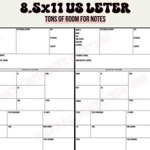Op de afbeelding: Een afdrukbare medische notitie sjabloon met de titel "8.5x11 US Letter Tons of Room for Notes". De sjabloon is verdeeld in twee kolommen, elk met secties voor pati&euml;ntinformatie, behandelend arts, opnamedatum, beoordeling per systeem, vitale functies, tests/procedures, I/V, laboratoriumonderzoek, buizen/drains, notities en plan/ontslag.