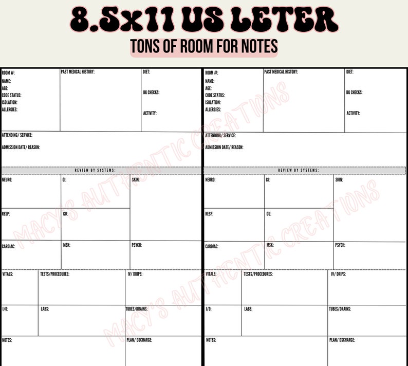 Op de afbeelding: Een afdrukbare medische notitie sjabloon met de titel "8.5x11 US Letter Tons of Room for Notes". De sjabloon is verdeeld in twee kolommen, elk met secties voor pati&euml;ntinformatie, behandelend arts, opnamedatum, beoordeling per systeem, vitale functies, tests/procedures, I/V, laboratoriumonderzoek, buizen/drains, notities en plan/ontslag.