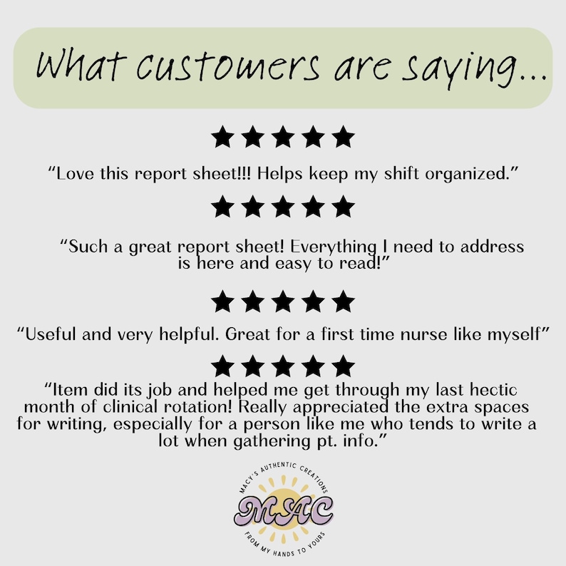 May include: Five-star reviews for a report sheet. The text reads "Love this report sheet!!! Helps keep my shift organized." "Such a great report sheet! Everything I need to address is here and easy to read!" "Useful and very helpful. Great for a first time nurse like myself" "Item did its job and helped me get through my last hectic month of clinical rotation! Really appreciated the extra spaces for writing, especially for a person like me who tends to write a lot when gathering pt. info."