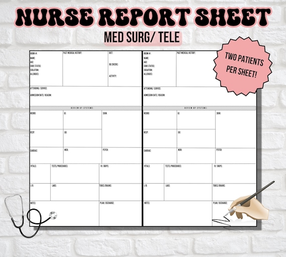 Nurse Brain Sheet, Nursing Report Sheet, Med Surg Nurse Report Sheet, RN patient handoff sheet - DIGITAL DOWNLOAD