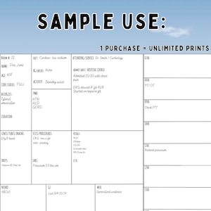 Pode incluir: Um gr&aacute;fico m&eacute;dico imprim&iacute;vel branco com texto preto. O gr&aacute;fico &eacute; dividido em se&ccedil;&otilde;es para informa&ccedil;&otilde;es do paciente, sinais vitais, medicamentos e outros detalhes m&eacute;dicos. O gr&aacute;fico &eacute; rotulado como "Uso de amostra: 1 compra = impress&otilde;es ilimitadas".