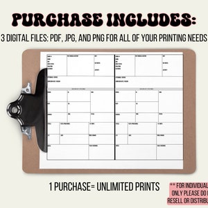 Op de afbeelding: Een printbare plannertemplate op een klembord. De template is verdeeld in twee kolommen, elk met secties voor "Medische voorgeschiedenis", "Overzicht van systemen" en "Reden voor bezoek". De tekst "PURCHASE INCLUDES: 3 DIGITAL FILES: PDF, JPG, AND PNG FOR ALL OF YOUR PRINTING NEEDS" staat bovenaan de afbeelding. De tekst "1 PURCHASE= UNLIMITED PRINTS" staat linksonder in de afbeelding. De tekst "** FOR INDIVIDUAL USE ONLY PLEASE DO NOT RESELL OR DISTRIBUTE**" staat rechtsonder in de afbeelding.